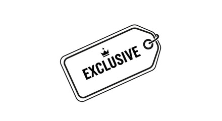 A simple black and white illustration of a tag with the word "EXCLUSIVE" and a crown.