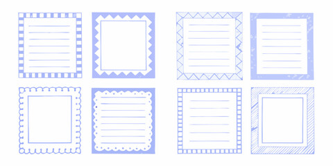 Collection of eight hand drawn decorative frames and borders with lines for writing notes or lists
