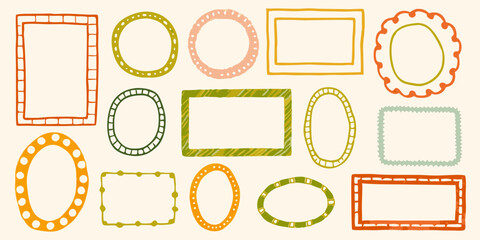 Collection of hand drawn decorative frames and borders in various shapes and colors