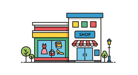 Fototapeta premium Colorful illustration of a two-story shop with a storefront displaying fashion items, trees, and a street lamp.