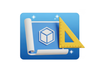 3d blueprint with ruler and cube icon isolated on transparent background