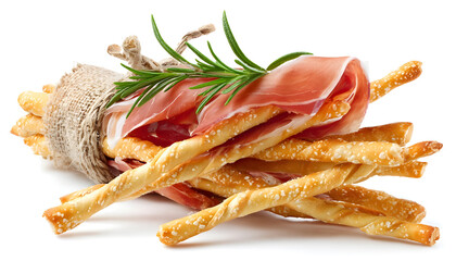Delicious grissini sticks with prosciutto isolated on white, set