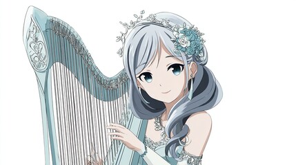 A charming anime girl, with flowing silver hair, playing a decorative light blue harp. She's adorned