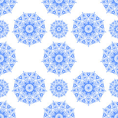 Blue line drawing mandal on white background, ethnic fabric seamless pattern, for paper, carpet, cloth, textile, wallpaper, wrapping, decoration.