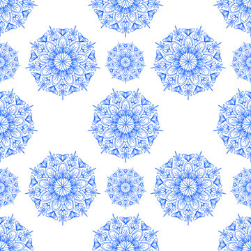 Blue line drawing mandal on white background, ethnic fabric seamless pattern, for paper, carpet, cloth, textile, wallpaper, wrapping, decoration.