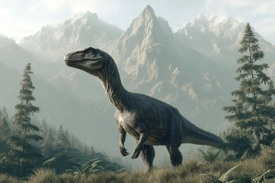 Afrovenator explores a primeval landscape with towering mountains and dense forests