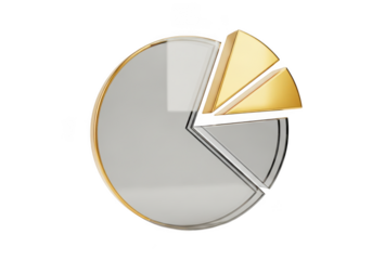 3d pie chart with golden slices isolated on transparent background