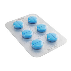 Blister pack of blue pills with score line isolated on transparent background
