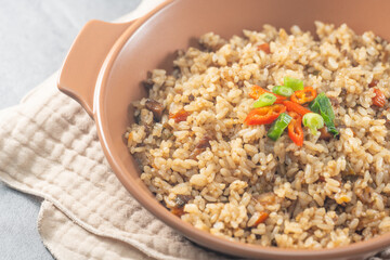 korean beef fried rice with vegetables in a bowl