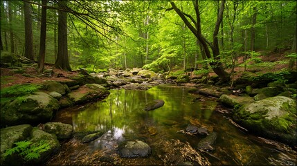 Obraz premium A peaceful stream flows through a vibrant green forest with mossy rocks