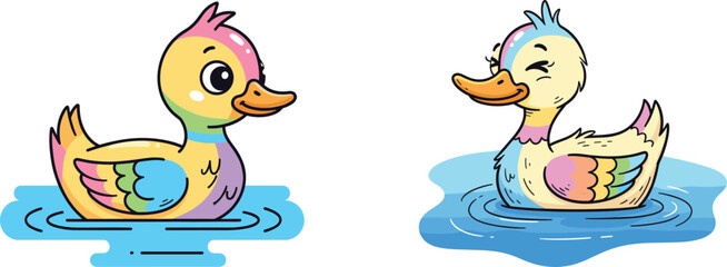 Cute colorful cartoon ducks swimming in water, happy farm birds, rainbow duck illustration, children’s art design drawing