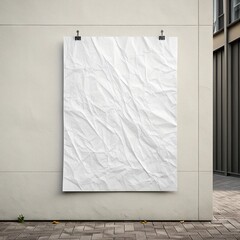white paper wrinkled poster template ,blank glued creased paper sheet mockup.white poster mockup on wall. empty paper mockup..