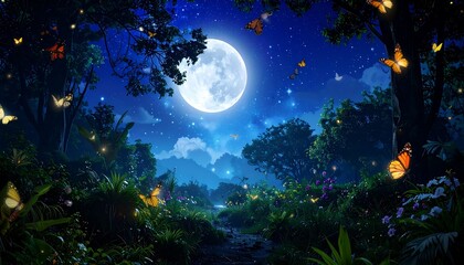 Enchanted Night - Moonlit Forest with Glowing Butterflies.