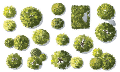Naklejka na ściany i meble Vector set of Top view green tree for outdoor plan or map and architecture drawing, elements for environment and garden ,botanical elements ,Blooming flowers in spring,tropical plants element Naklejka na ściany i meble Vector set of Top view green tree for outdoor plan or map and architecture drawing, elements for environment and garden ,botanical elements ,Blooming flowers in spring,tropical plants element