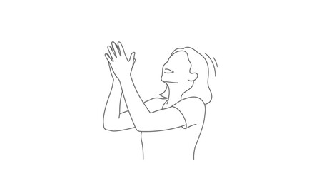 A simple line drawing shows a woman clapping her hands enthusiastically, looking upwards with joy.