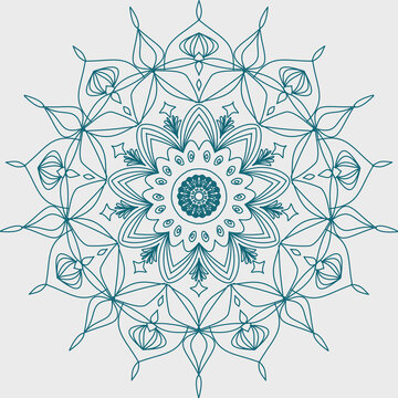 Green line drawing mandal on white background, ethnic fabric pattern, for paper, carpet, cloth, textile, wallpaper, wrapping, decoration.