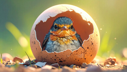 tiny, fragile bird just hatched from a broken egg, wet feathers glistening, sitting amidst delicate shell fragments, with soft light highlighting its new life and the tender beginning of its journey