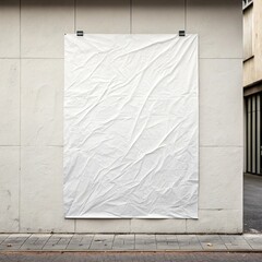 white paper wrinkled poster template ,blank glued creased paper sheet mockup.white poster mockup on wall. empty paper mockup..