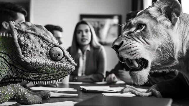 A black and white photo of an unlikely friendship between a lizard and a lion