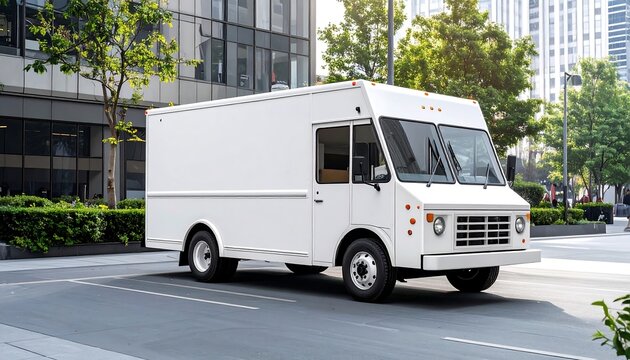 White Step Van Parked on City Street - Commercial Vehicle for Delivery Services.