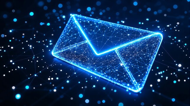 Digital email marketing strategy concept blue neon glowing envelope with network connection points