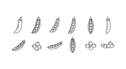 Collection of hand drawn pea pods with peas scattered and in pods sketch style vector