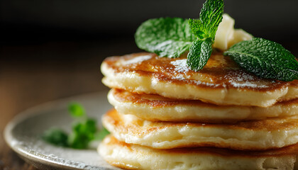 Stack of Pancakes. Golden layers of flaky pancakes topped with butter and mint