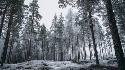 Pine trees covered in snow in a forest on a cold winter day landscape
