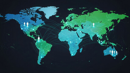 Futuristic illustration of a connected world, showcasing a global network linking diverse populations on a digital map background