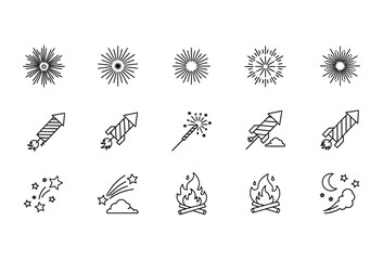 Vector illustration of vector art of assorted fireworks, rockets, and campfire icons set