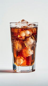 Glass of Cold Cola with Ice Cubes. Refreshing Soda, Sugary Drink, Thirst Quencher.