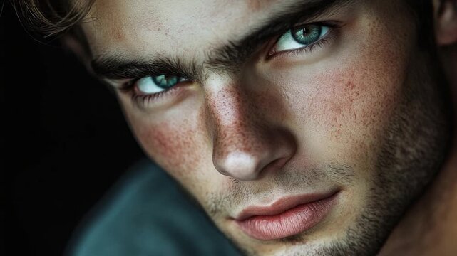Close-up portrait of a young adult male with noticeable freckles on his face, suitable for use in editorial or personal projects