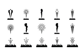 Vector illustration of vector art of collection of black and white firework and tree silhouettes