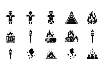 Vector illustration of vector art of collection of black icons representing fire, safety, and camping themes