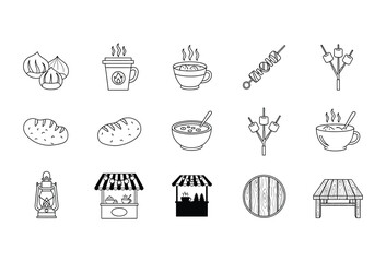 Vector illustration of vector art of handdrawn food and shop icons set including bakery, caf, and market symbols