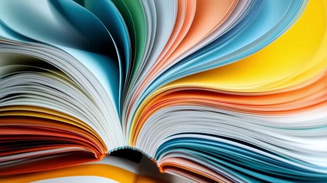 Open book displaying fanned pages with vibrant colors, forming an organic wave pattern