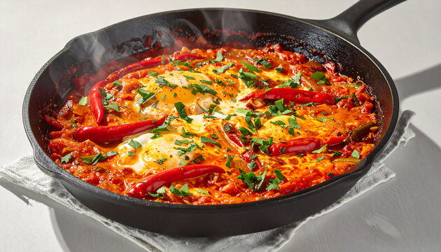 Shakshuka in enamel skillet with chili and herbs, hearty breakfast in directional light	