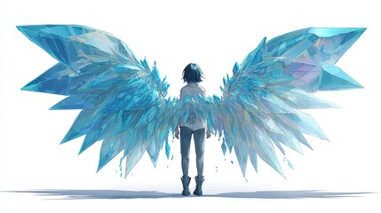 A lone figure with dark hair, seen from behind, stands before massive, crystal-like, icy wings