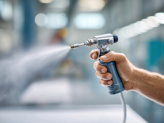 Close-up of a workers hand holding a professional spray gun, spraying a white panel in an industrial workshop. Only the hand and spray gun are visible, no full person shown. Fine
