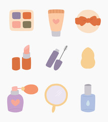 Cute make up doodles illustration collection set. Vector of cosmetic and make up isolated cartoon clipart for asset, fashion, woman, design, graphic element, icon