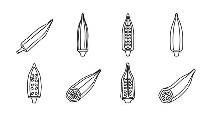 Hand drawn okra pods and slices collection artistic sketch food ingredient ingredient vector