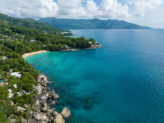 Aerial View , North West Coast , Glacis Beach , with Hotels and Villages, Mahe Island Seychelles