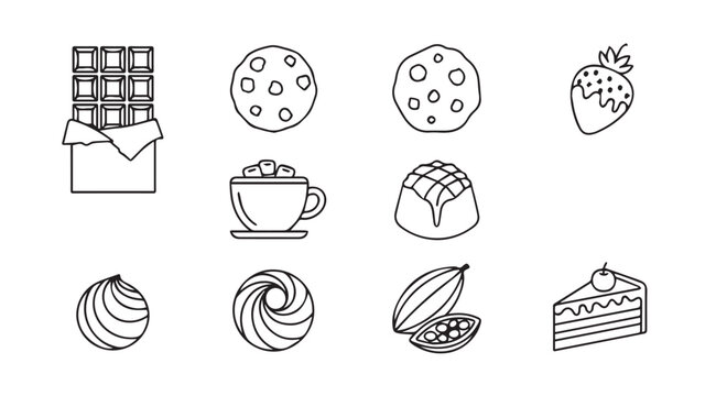 Set of hand drawn sweet confectionery icons chocolate cookies strawberry coffee cup cakes cacao vector