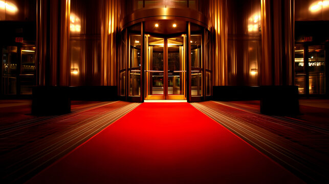 5h Stock photo of red carpet laid out in front of grand hotel revolving door entrance