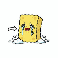 Sad cartoon cleaning sponge character crying with soapy tears and bubbles