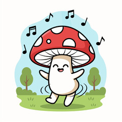Adorable cartoon mushroom dancing with musical notes in a sunny meadow