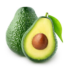  Whole and half of fresh green avocado isolated on white background