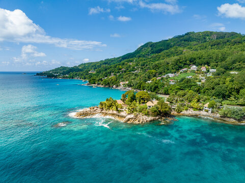 Aerial View , North West Coast , Glacis Beach , with Hotels and Villages, Mahe Island Seychelles