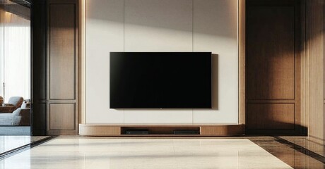 Fototapeta premium Modern living room interior. Wall mounted television above wooden console. Neutral color palette, sleek design, warm lighting. Spacious, minimalist aesthetic.