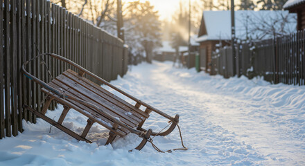 Sled leaning against a rustic wooden fence in a snowy village alley  